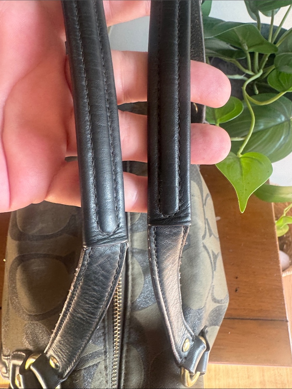 Coach Campbell Signature Metallic Olive Green Canvas Satchel with Leather Trim - Picture 5 of 12